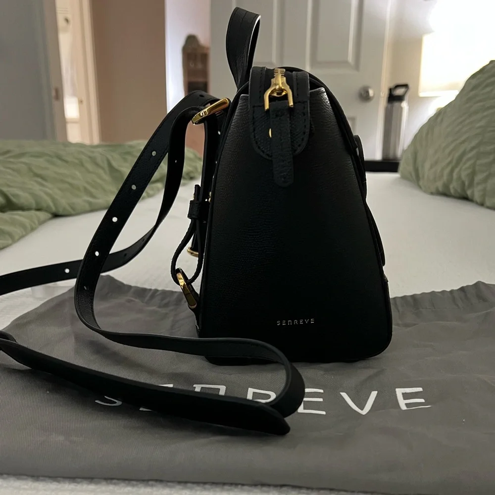 Senreve Black Leather Top-Handle Convertible Satchel